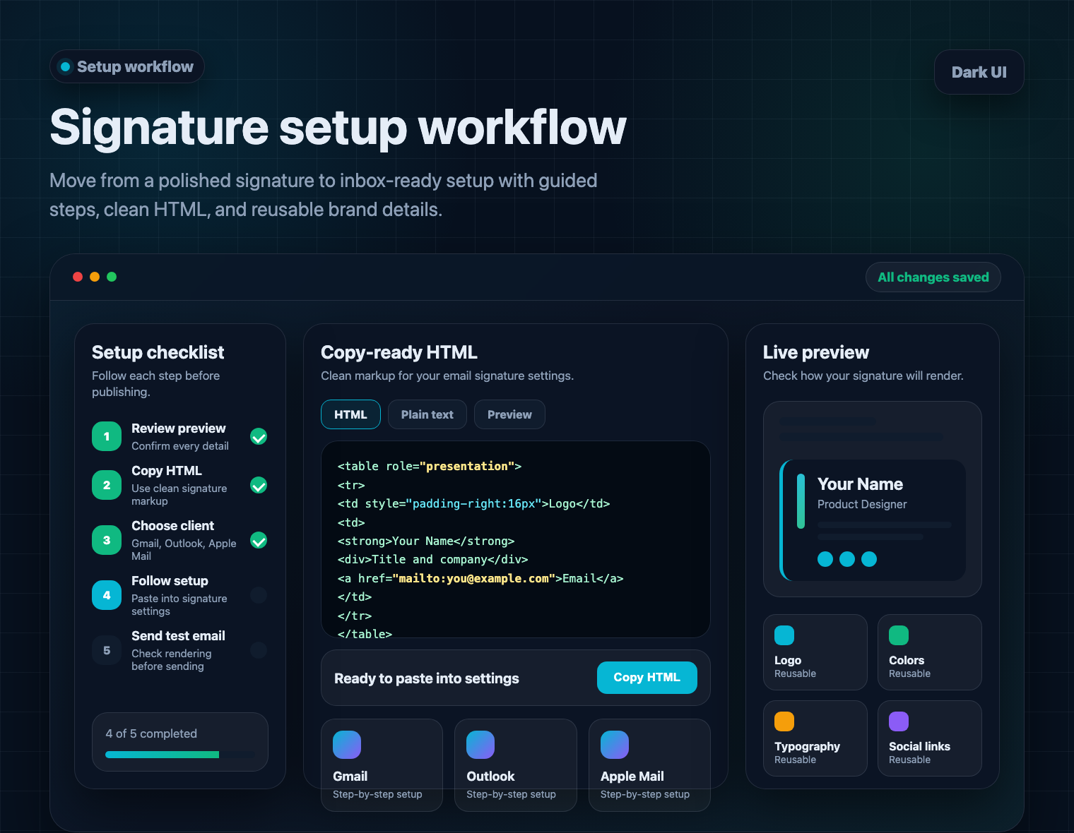 Email signature setup workflow preview in dark mode