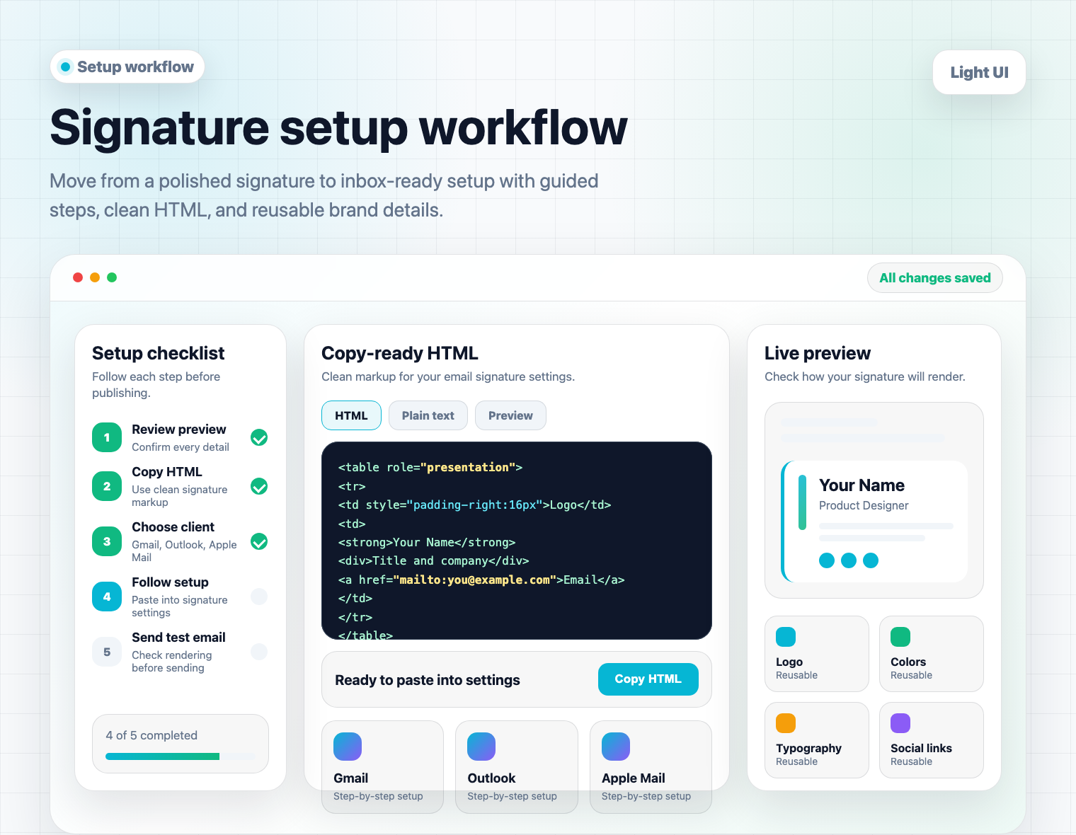 Email signature setup workflow preview in light mode